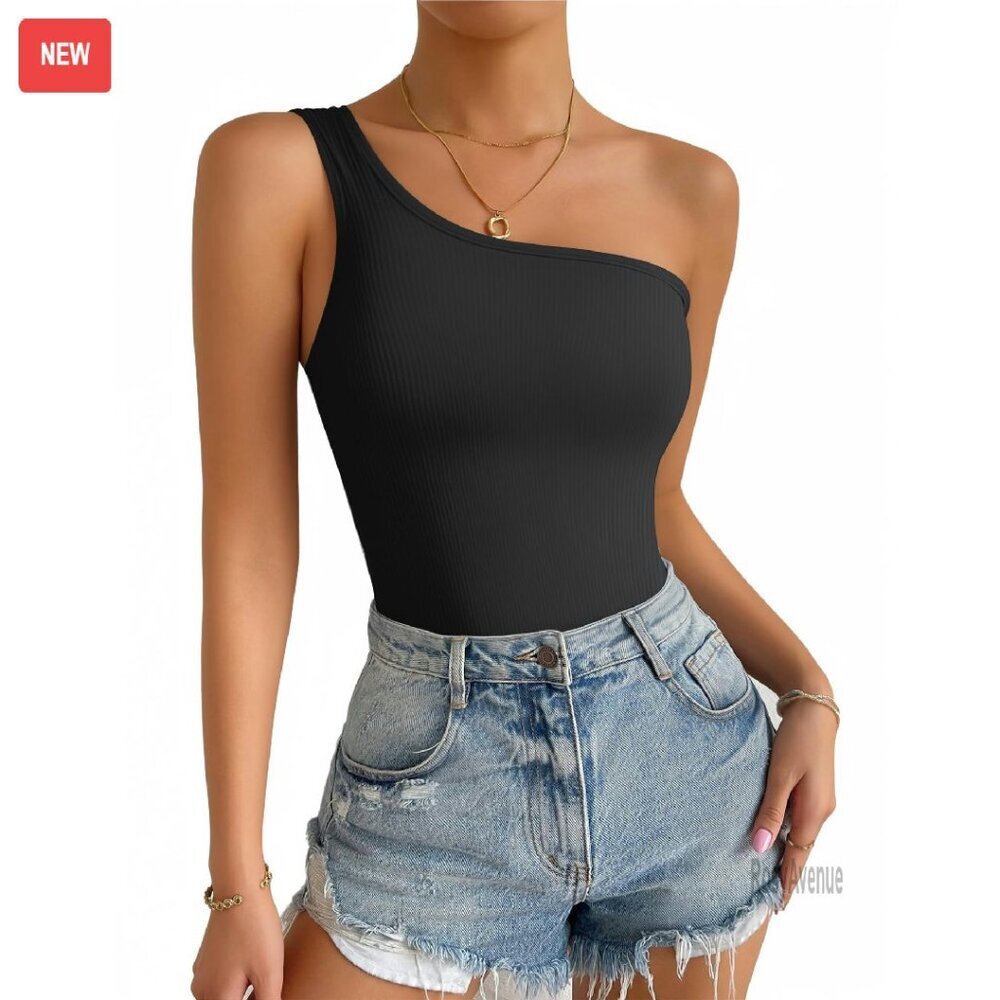 One Shoulder Ribbed Sleeveless Tank Top Slim Fitted Summer Casual